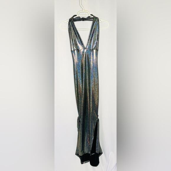 Liquid Silver Holographic Halter Maxi Dress – Custom Pouf Back Skirt XS/Petite - Picture 7 of 11